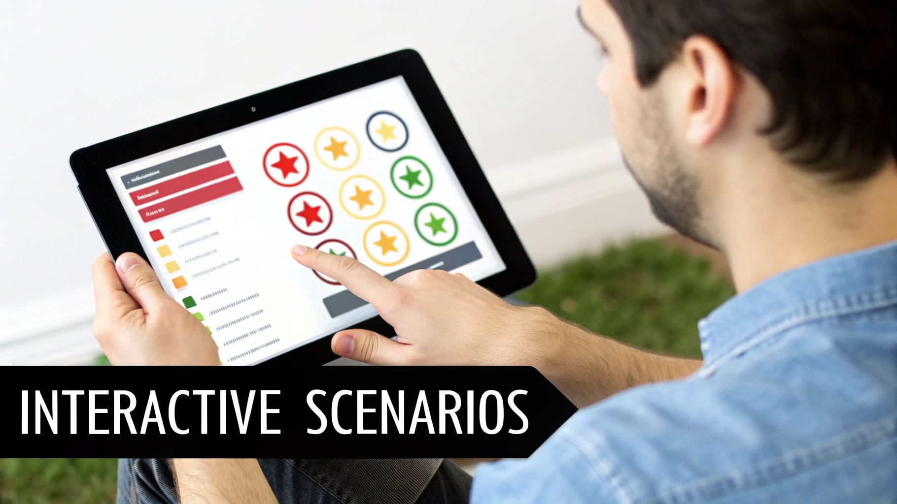 A person interacts with a tablet showing star ratings for an interactive computer-based training scenario.