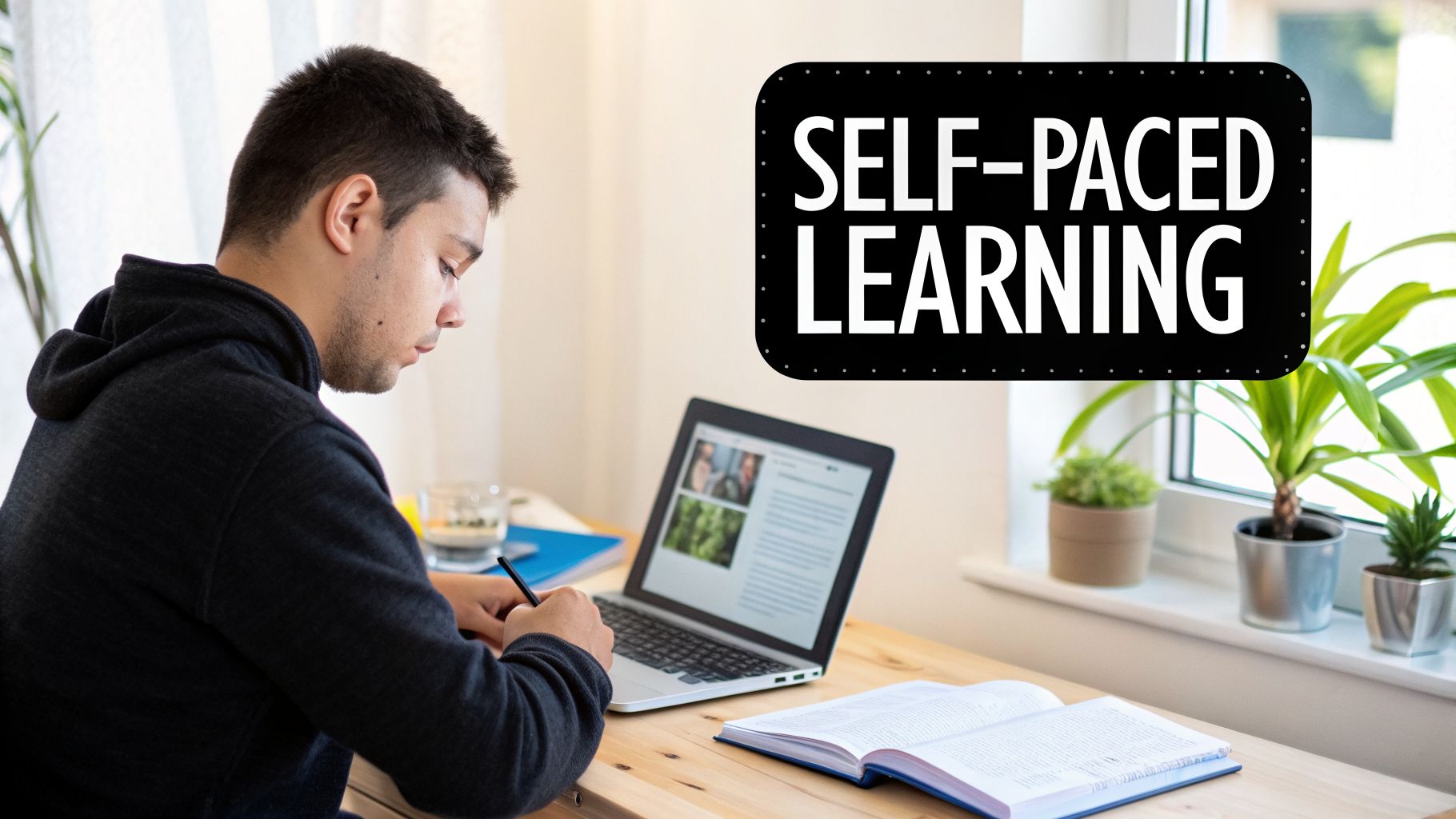 A young man studies at a wooden desk with a laptop and book, text says "SELF-PACED LEARNING".