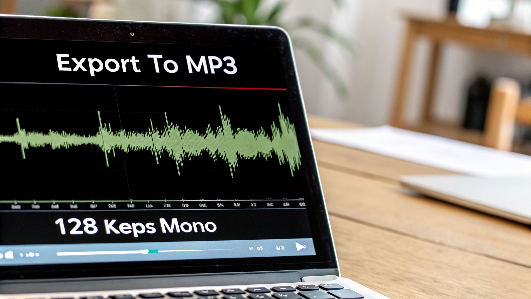 A laptop screen displays an audio waveform, 'Export To MP3', and '128 Keps Mono' settings.