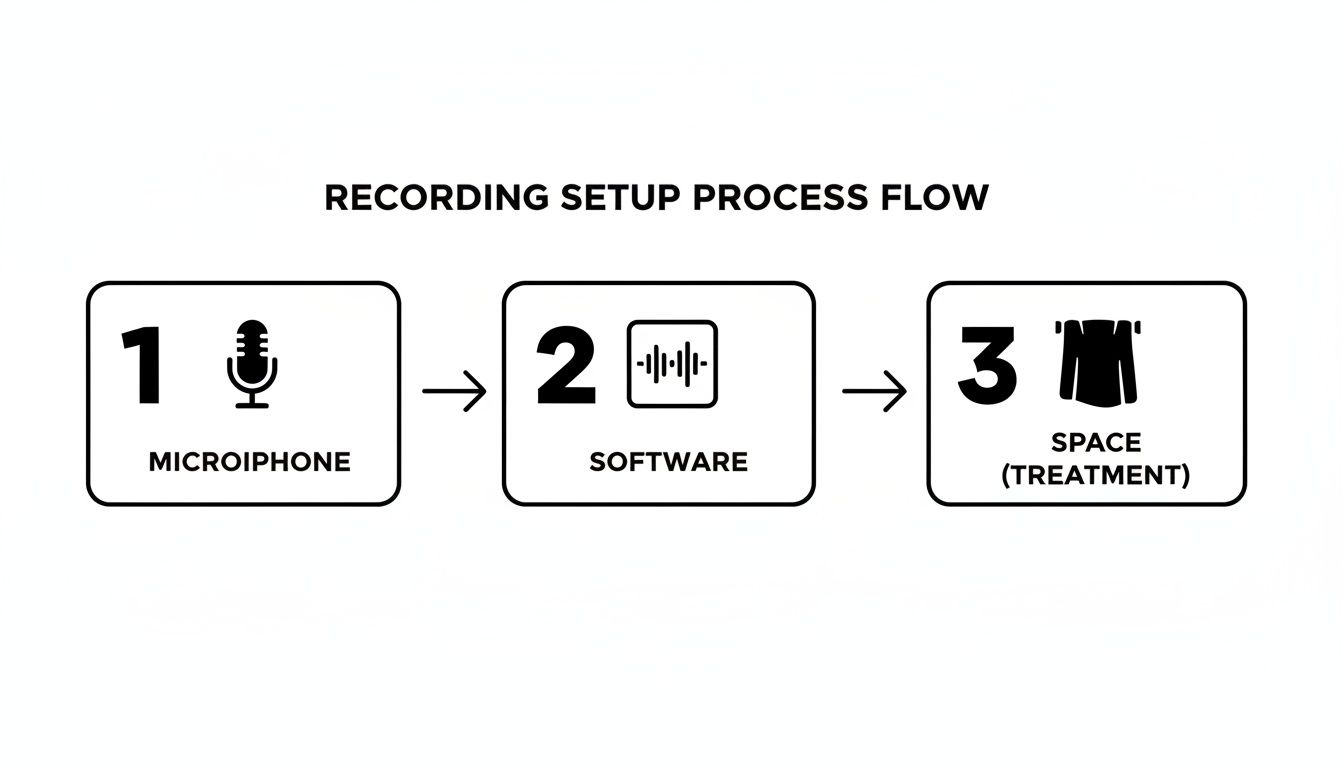 A three-step process flow diagram for recording setup: microphone, software, and space treatment.
