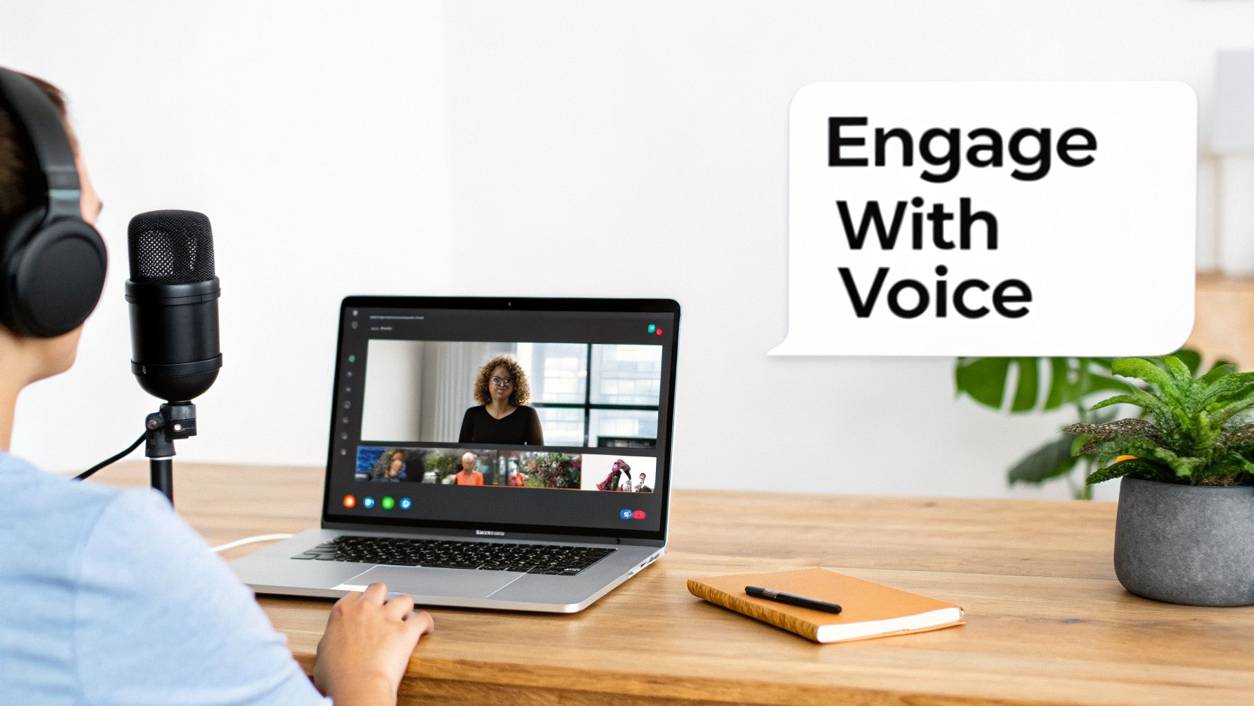 Person with headphones and microphone engaging in a video call on a laptop, with 'Engage With Voice' text.