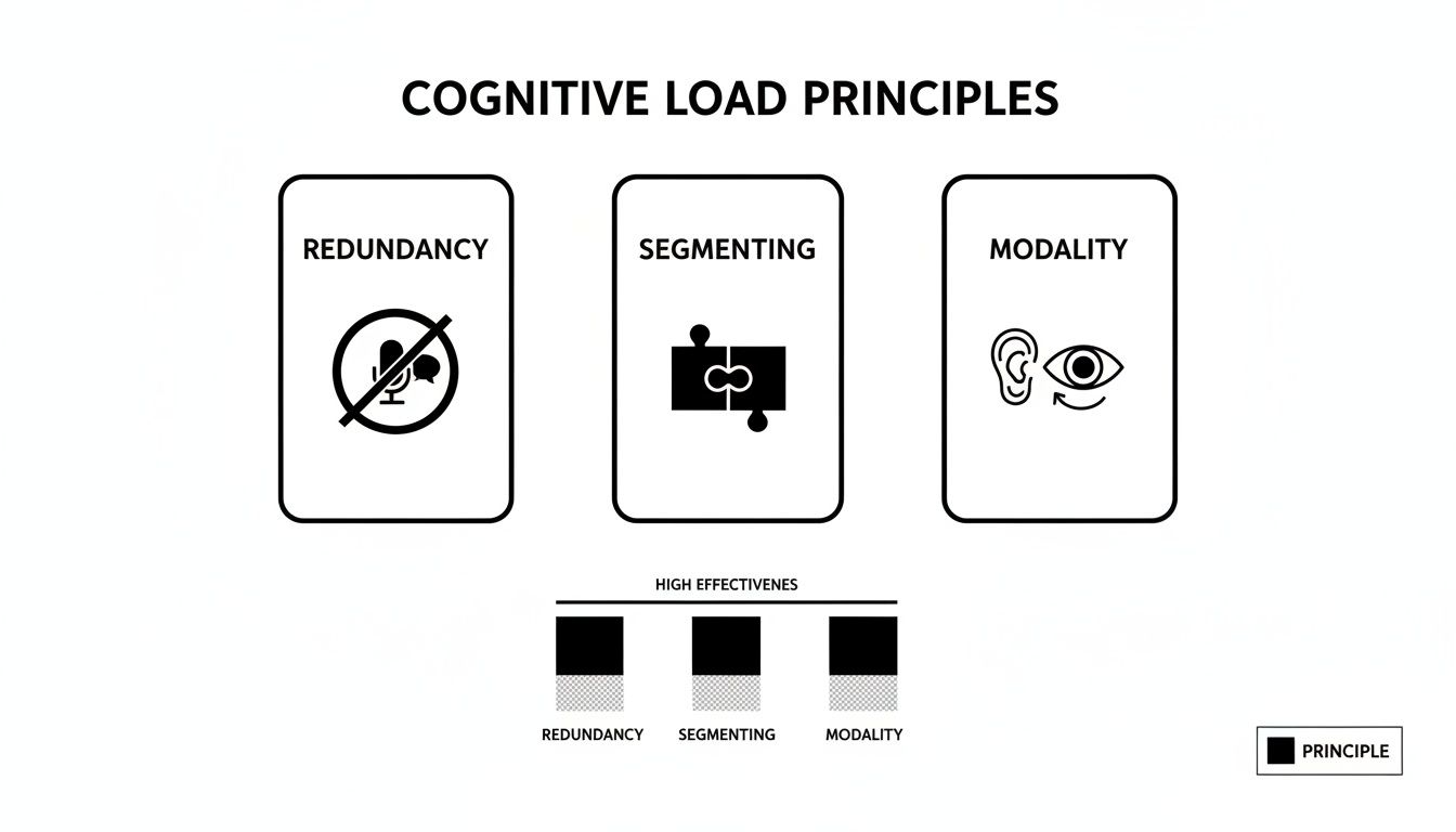 Diagram illustrating three cognitive load principles: Redundancy, Segmenting, and Modality, with effectiveness ratings.