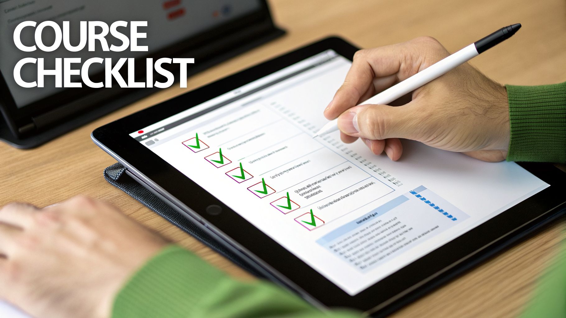 Person uses a stylus on a tablet to complete a digital course checklist, showing progress.