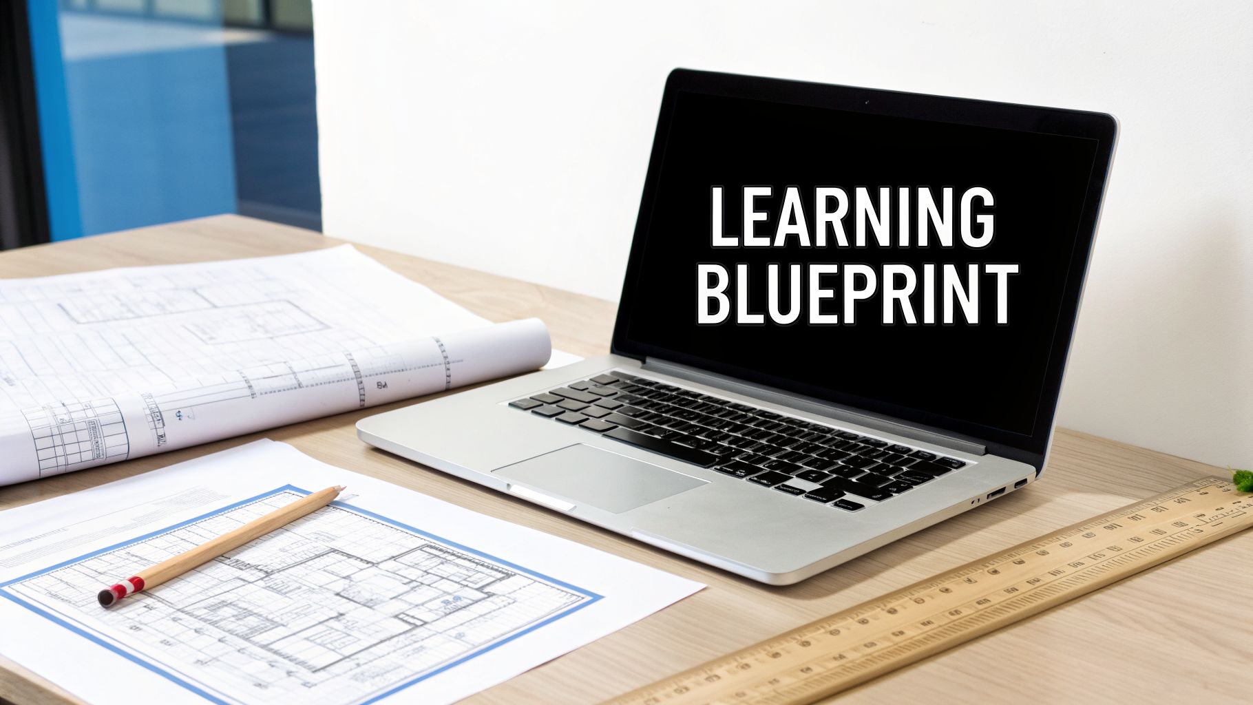 A laptop displaying 'LEARNING BLUEPRINT' next to architectural plans, a pencil, and a ruler on a wooden desk.