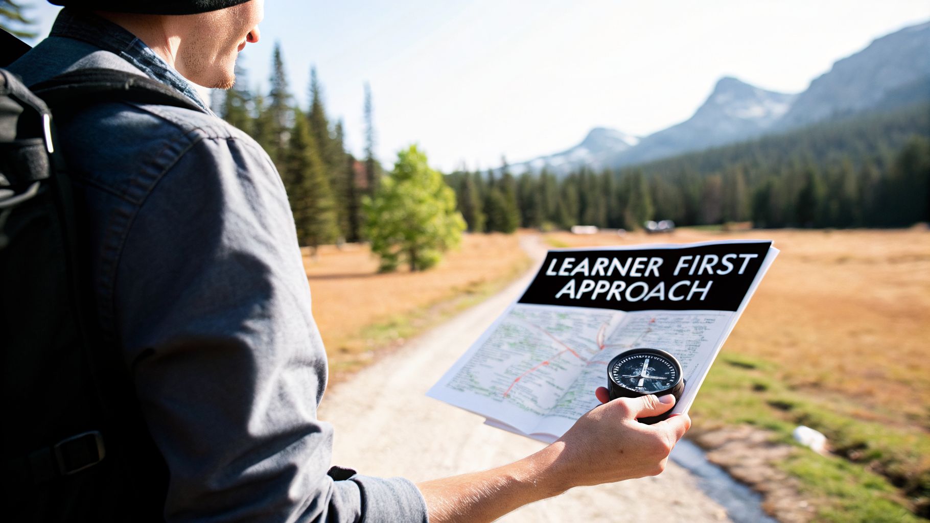 A person holding a map with 'LEARNER FIRST APPROACH' and a compass on a hiking trail.