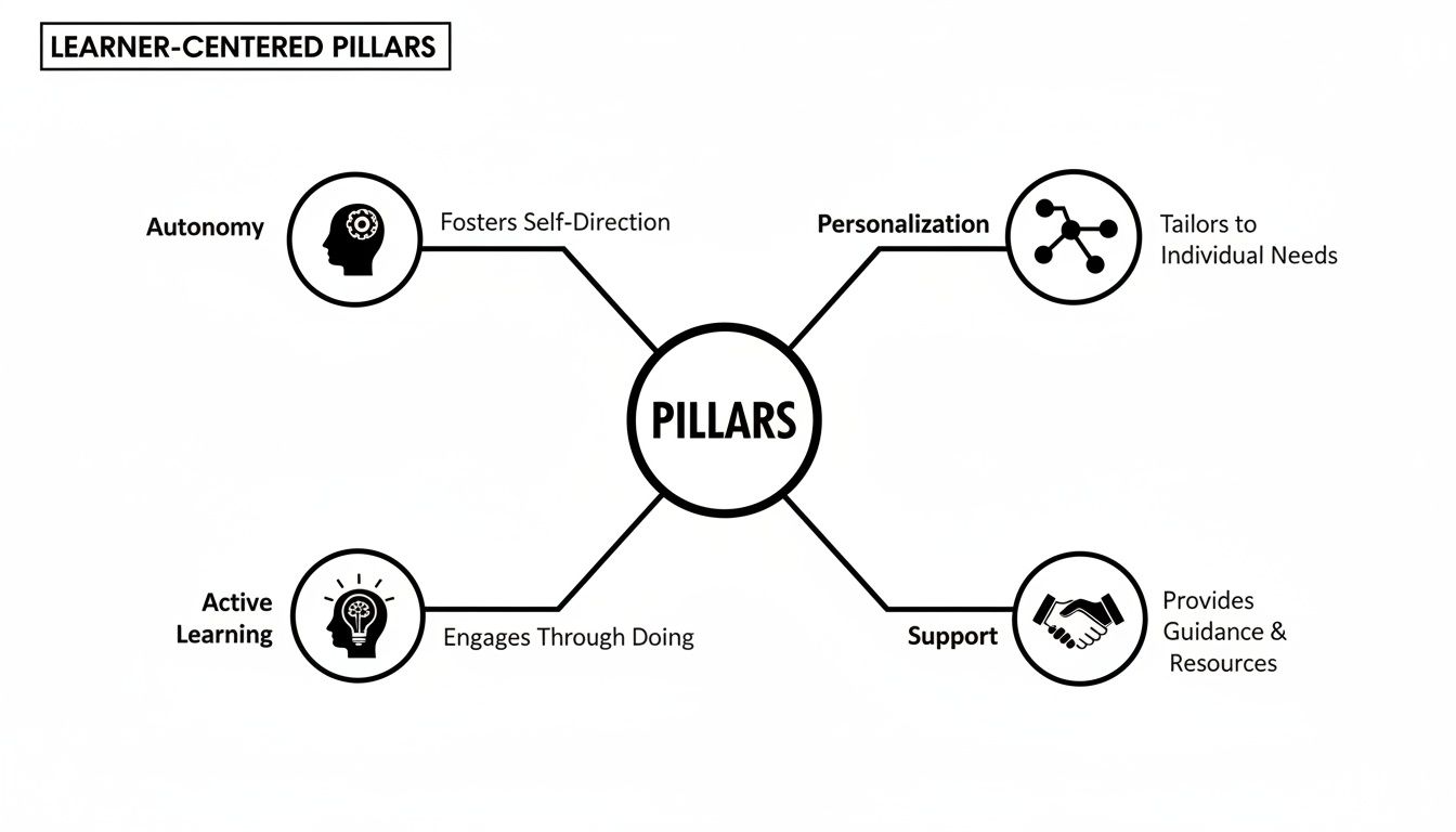 Diagram illustrating four learner-centered pillars: Autonomy, Personalization, Active Learning, and Support.