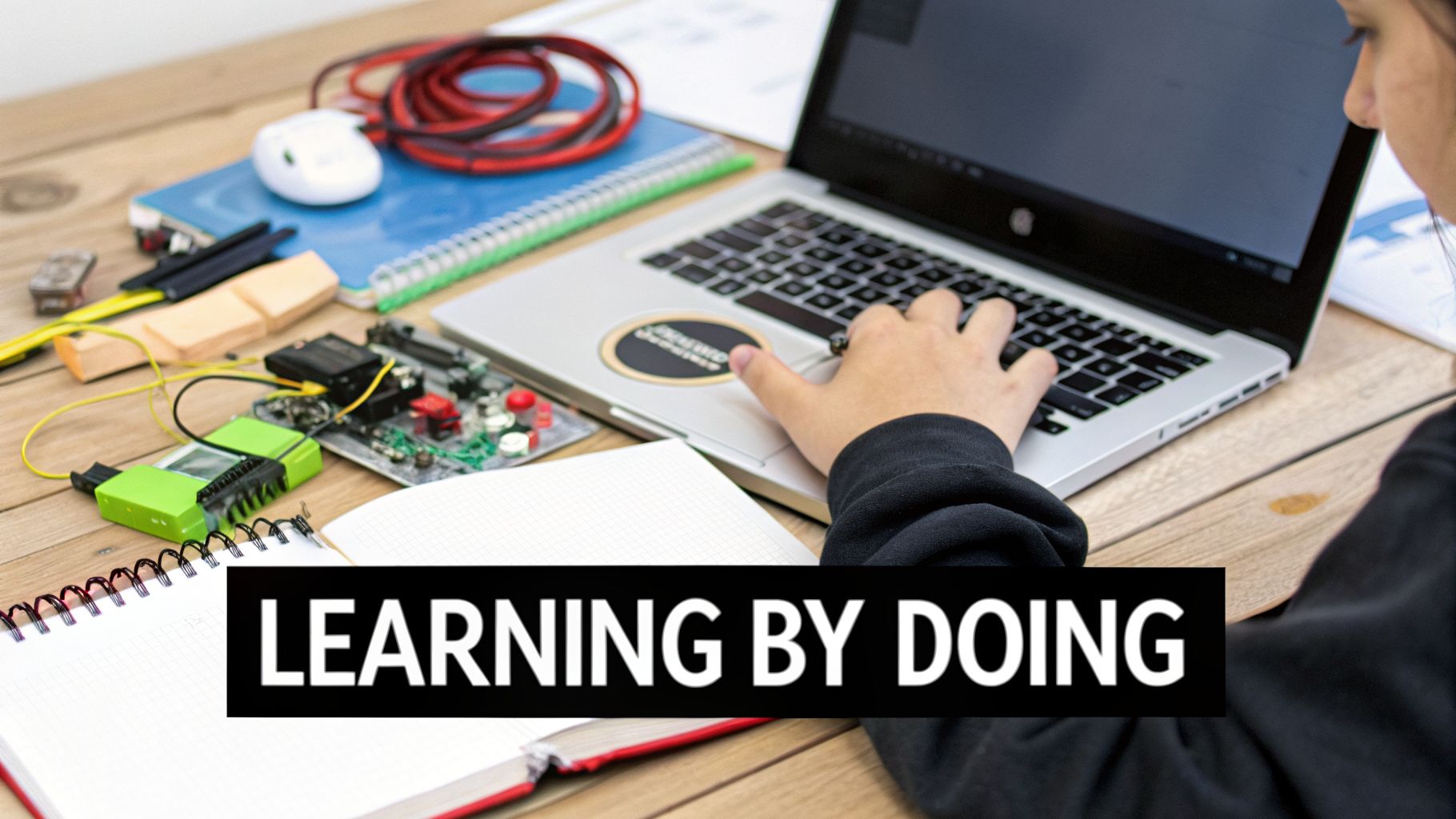 A person works on a laptop at a desk with electronics, notebooks, and tools, embodying hands-on learning.