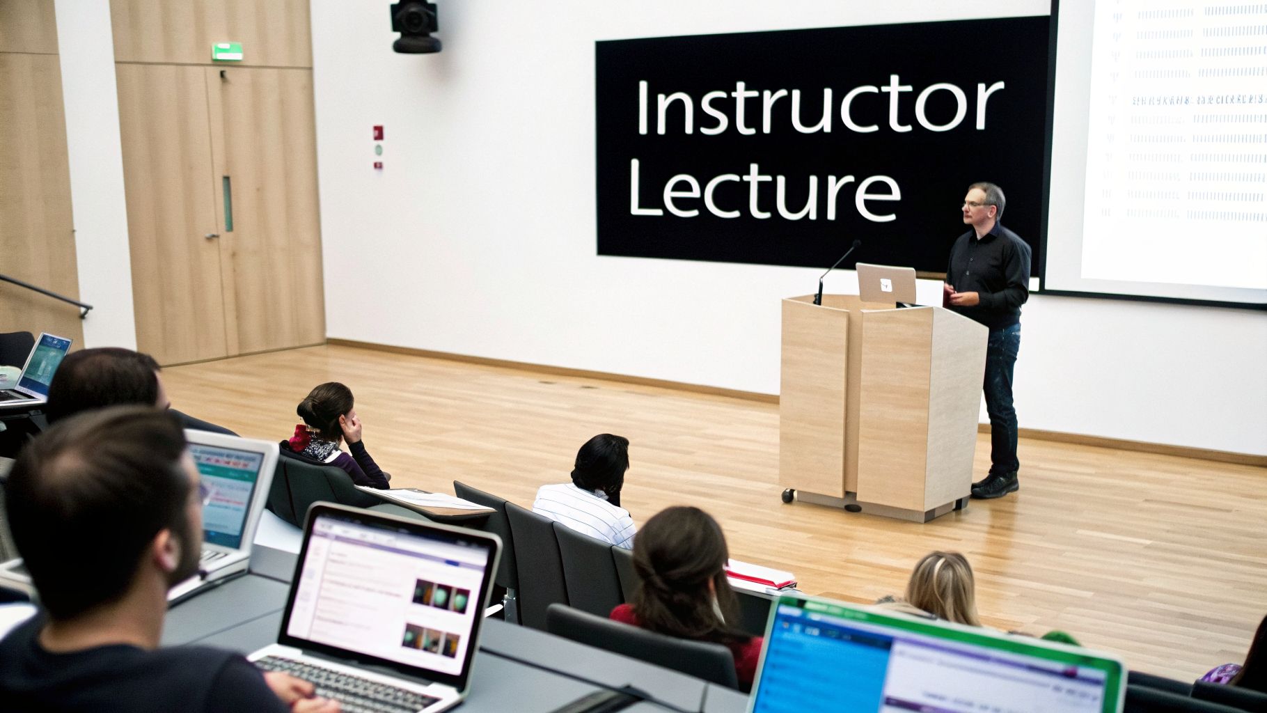 A male instructor lectures to a group of students with laptops in a modern lecture hall.