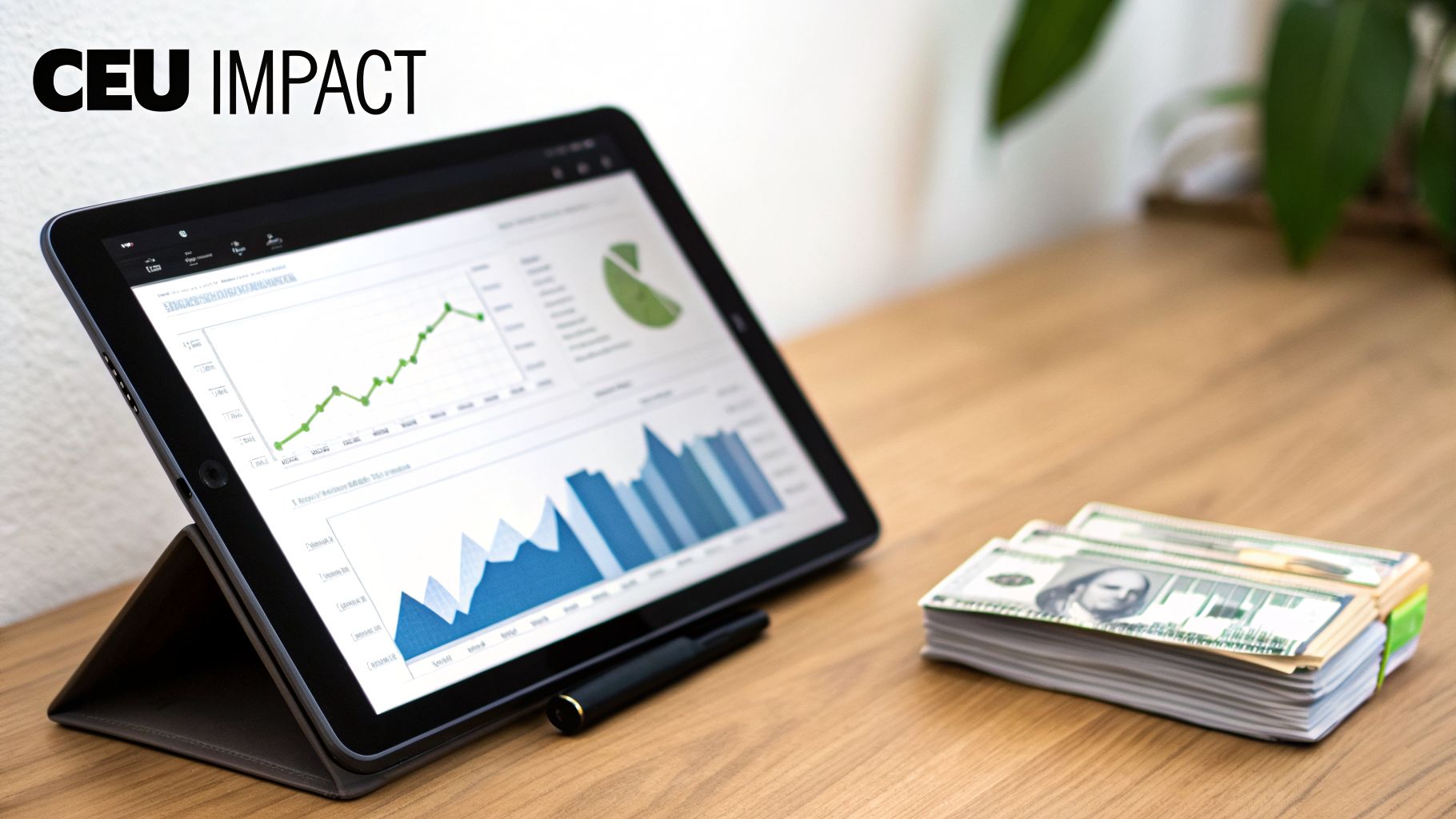 Digital financial data with charts and graphs on a tablet, a pen, and a stack of dollar bills on a wooden table.