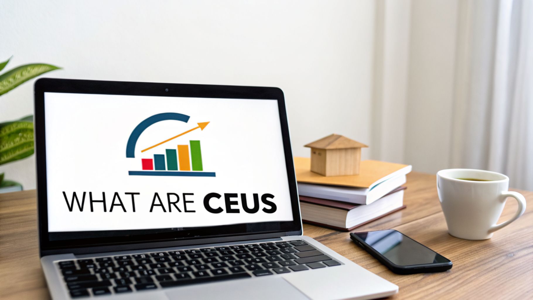 Laptop screen shows 'WHAT ARE CEUS' with a growth graph logo, surrounded by study items.