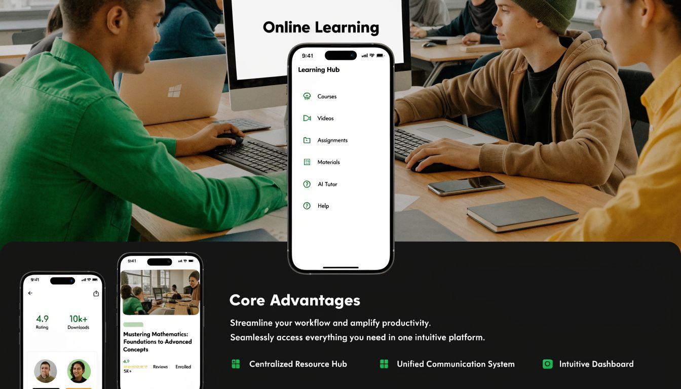 A digital graphic showcasing an online learning platform interface with mobile app screens and key advantages.