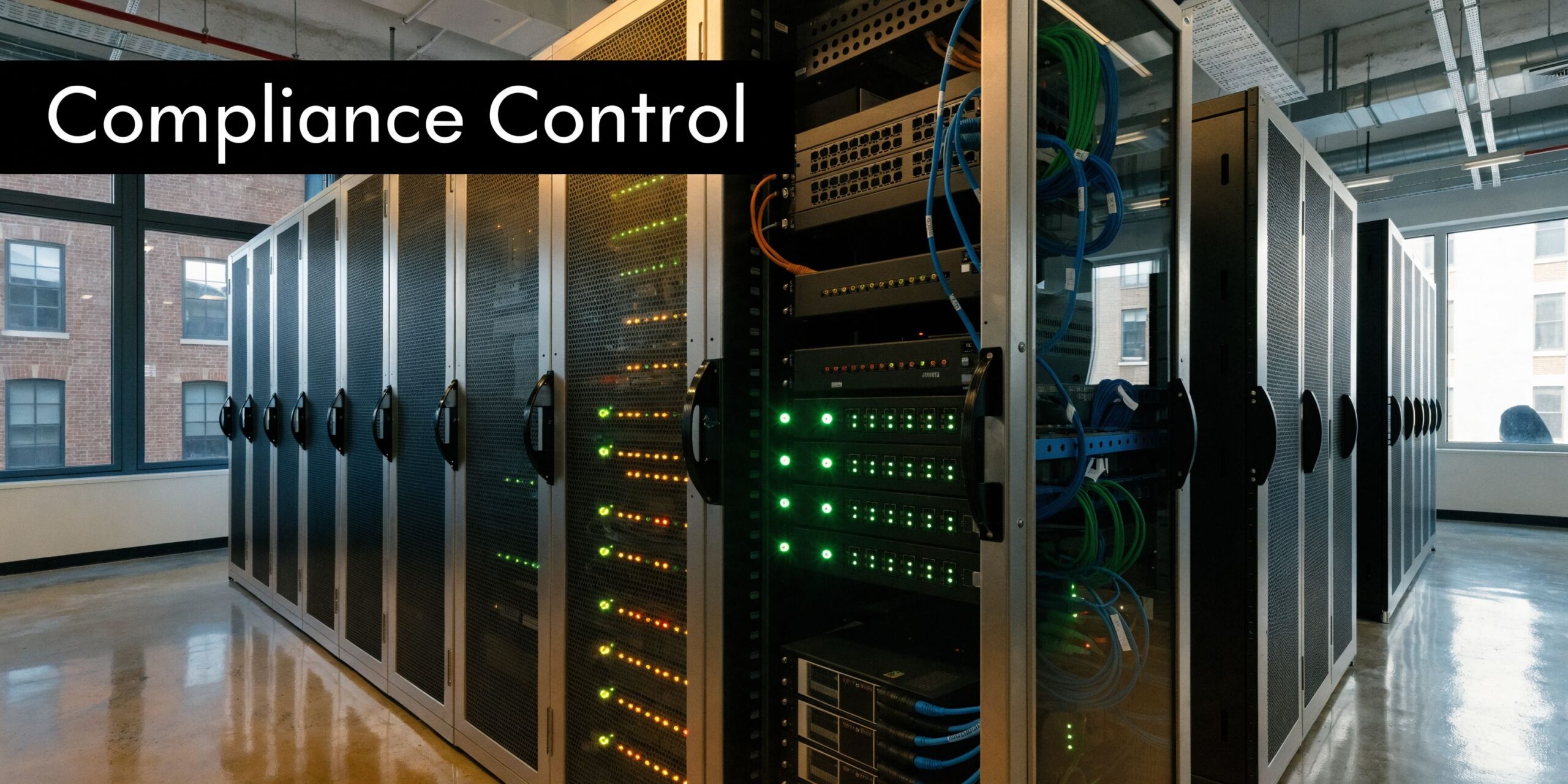 A rows of modern server racks in a secure data center environment illuminated with green status lights.