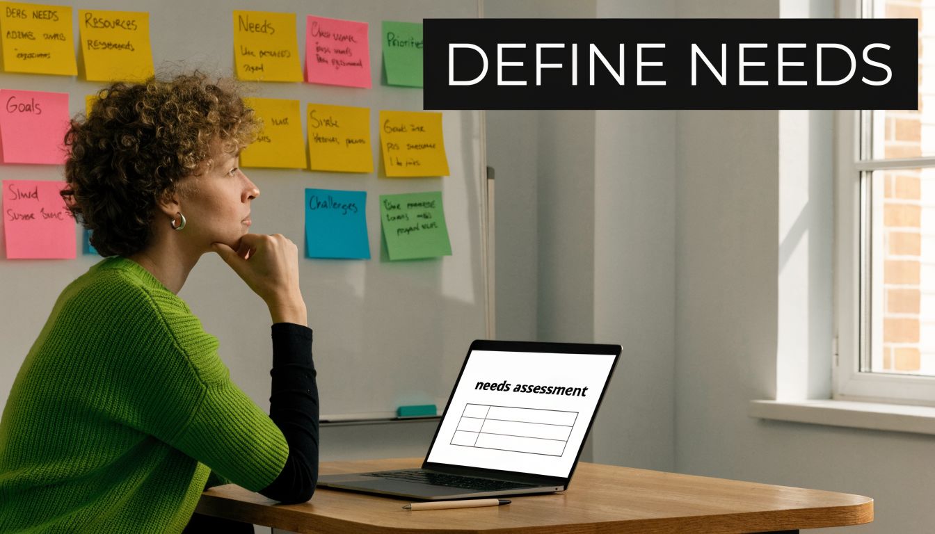 A professional woman in a green sweater reflecting while working on a needs assessment document.
