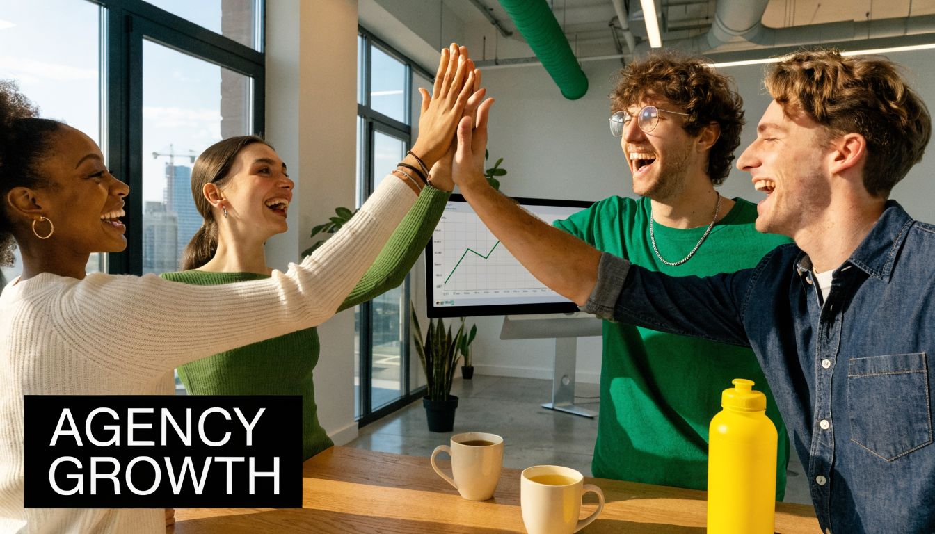 A diverse group of four young professionals celebrating success with a high-five in a bright modern office.