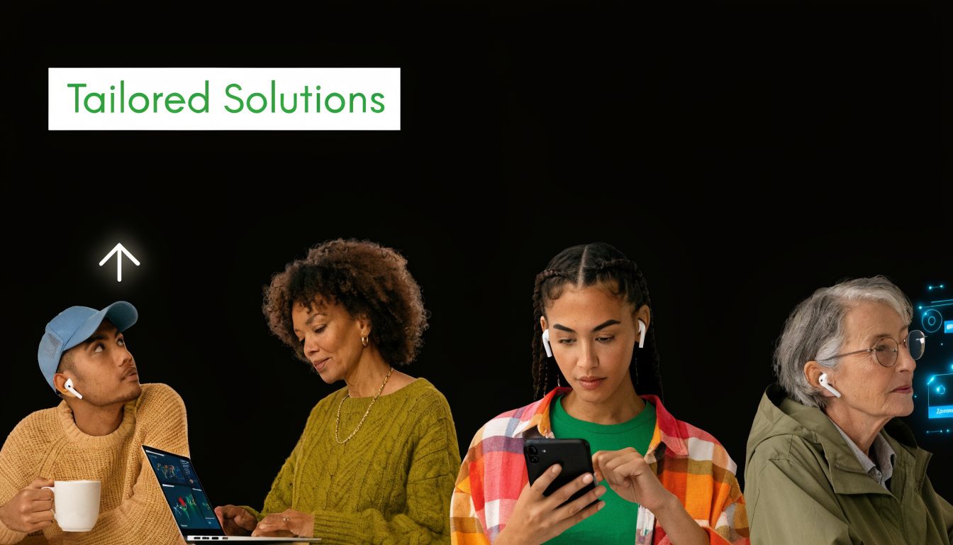 A diverse group of people using digital devices and wireless earphones against a solid black background.
