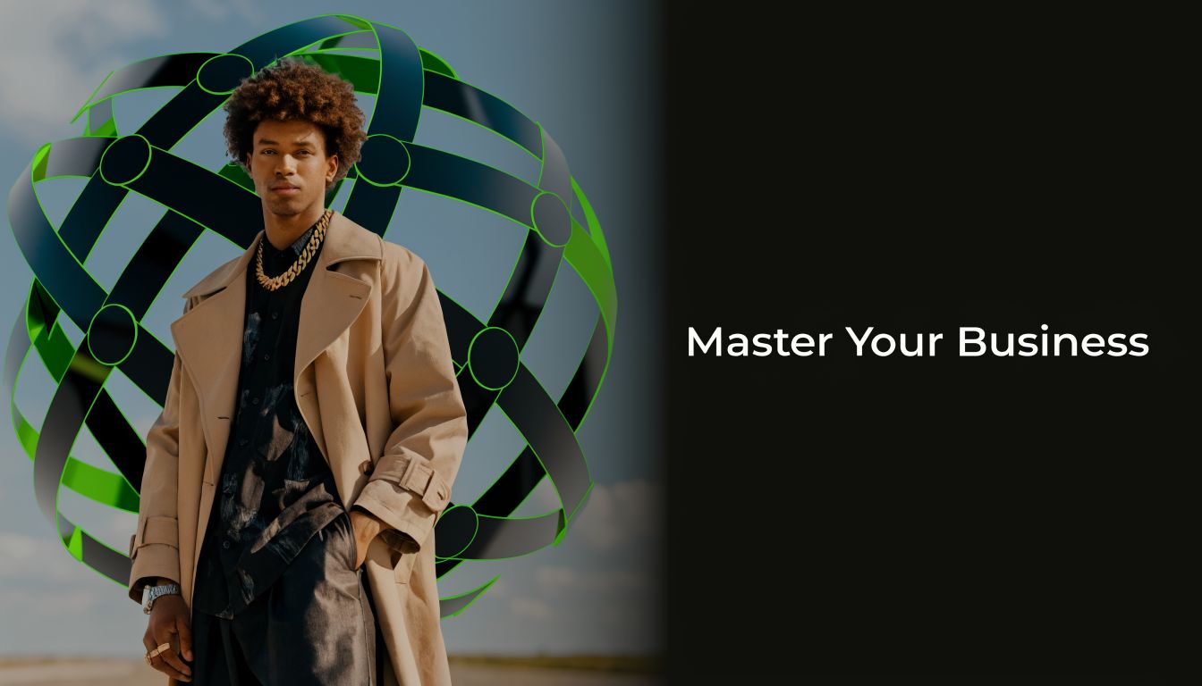 A stylish man in a tan trench coat stands in front of a futuristic green geometric sphere.