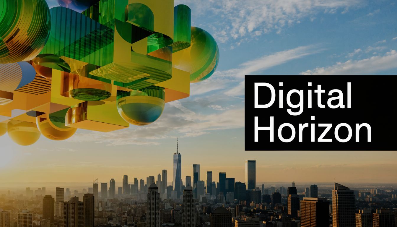 A futuristic floating structure with yellow and green abstract shapes looming over a digital sunset city skyline.