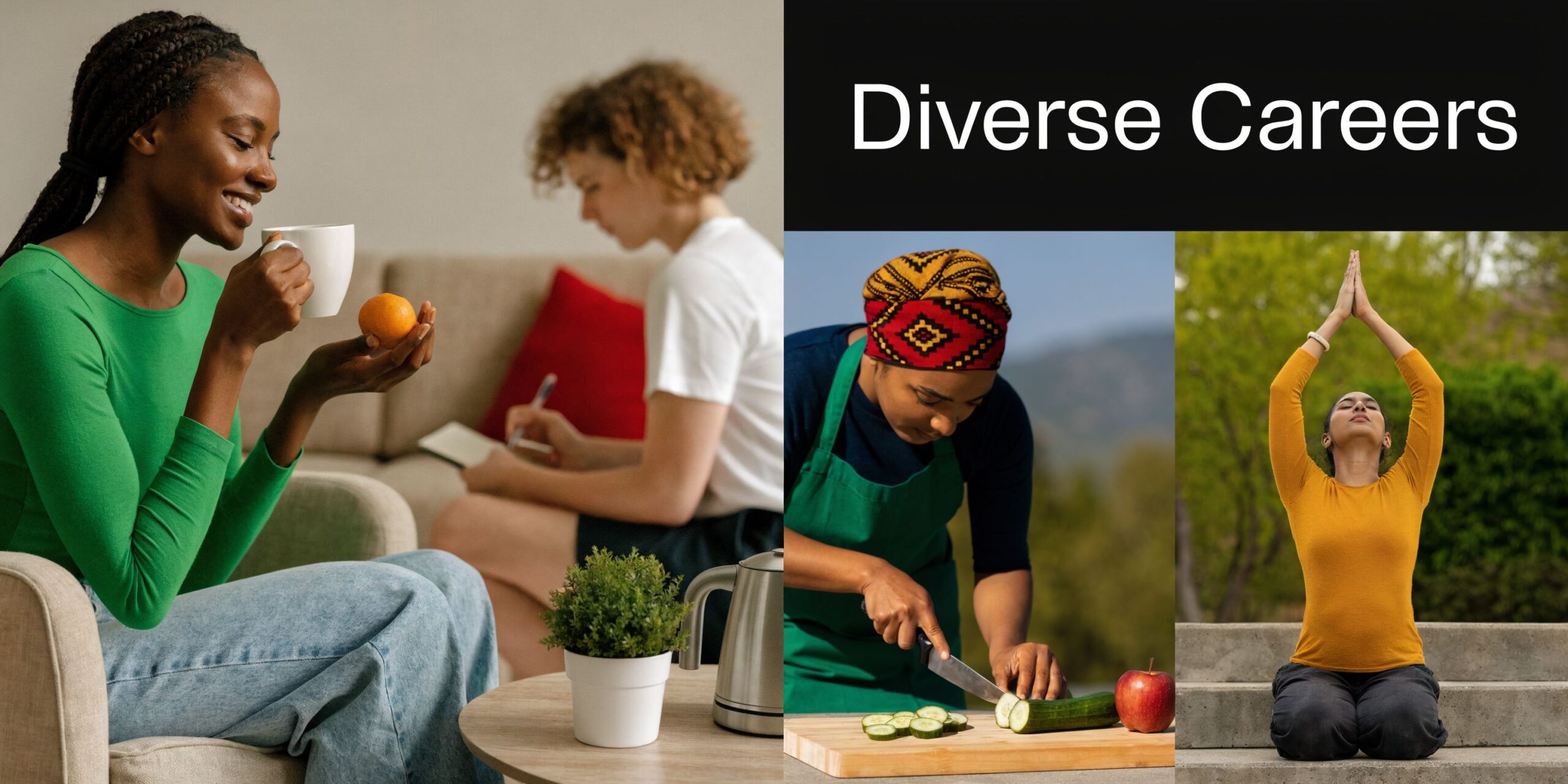 A collage showing diverse women engaging in varied activities like drinking coffee, cooking, and practicing yoga.