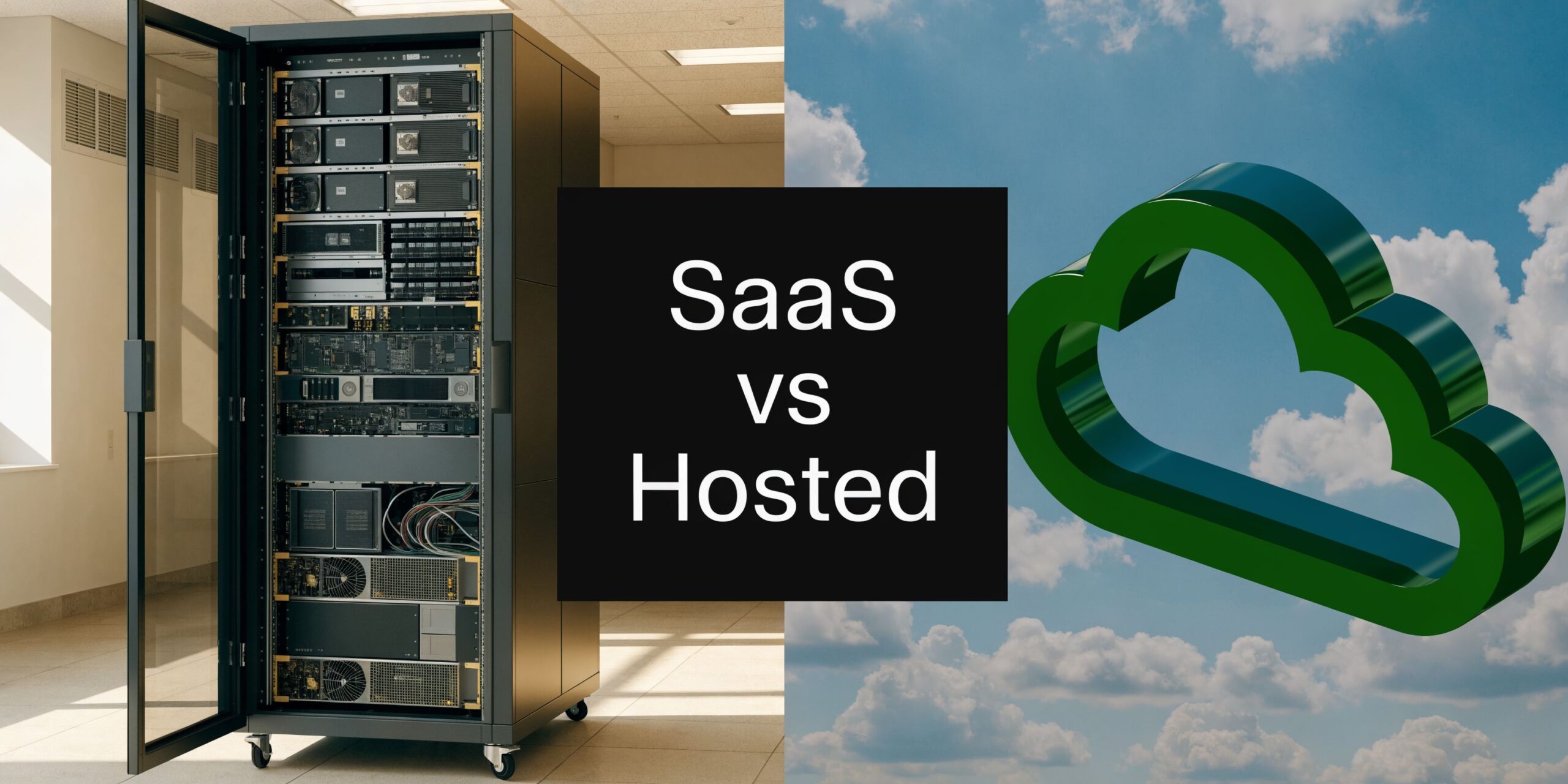 A conceptual image comparing on-premise server hardware and cloud computing solutions for software deployment.