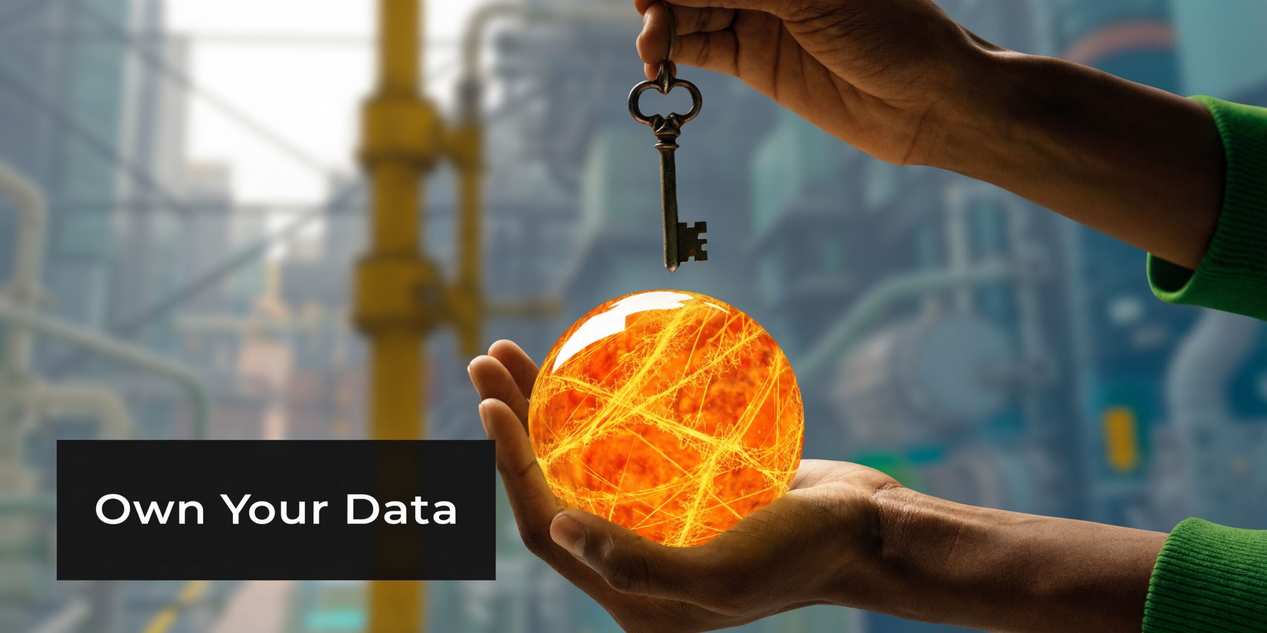 A person holding an glowing orange orb with an antique key hovering above it, symbolizing data ownership.