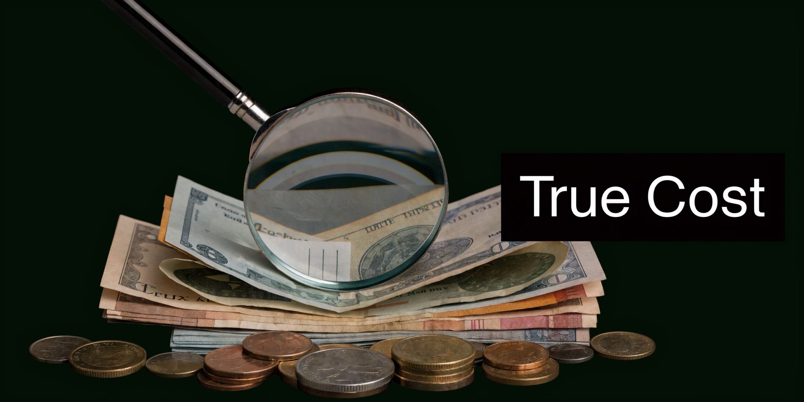 A magnifying glass inspecting a stack of assorted international paper money and various coins on a dark background.