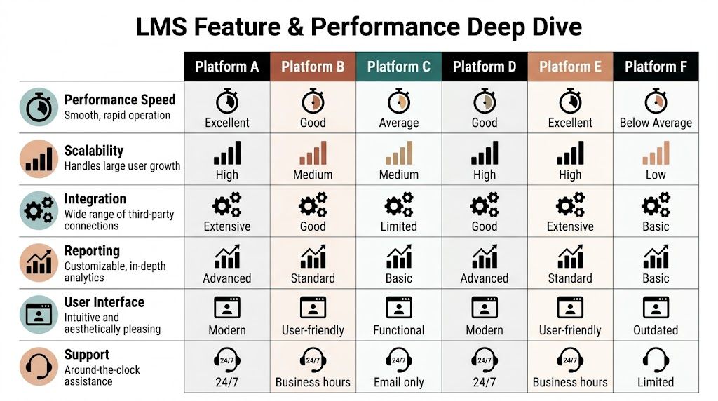 A comparison table titled LMS Feature and Performance Deep Dive showing ratings for six different software platforms.