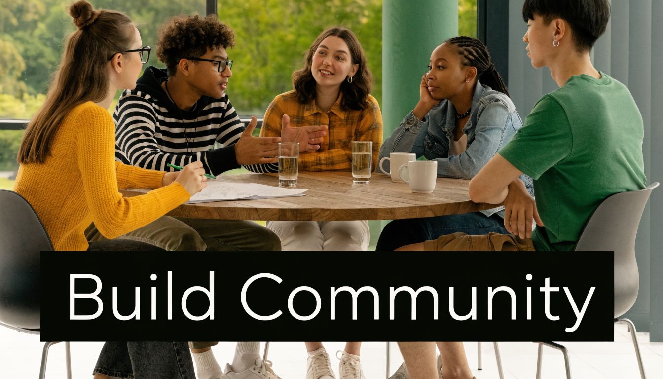 A diverse group of young students sitting around a wooden table talking in a collaborative learning environment.