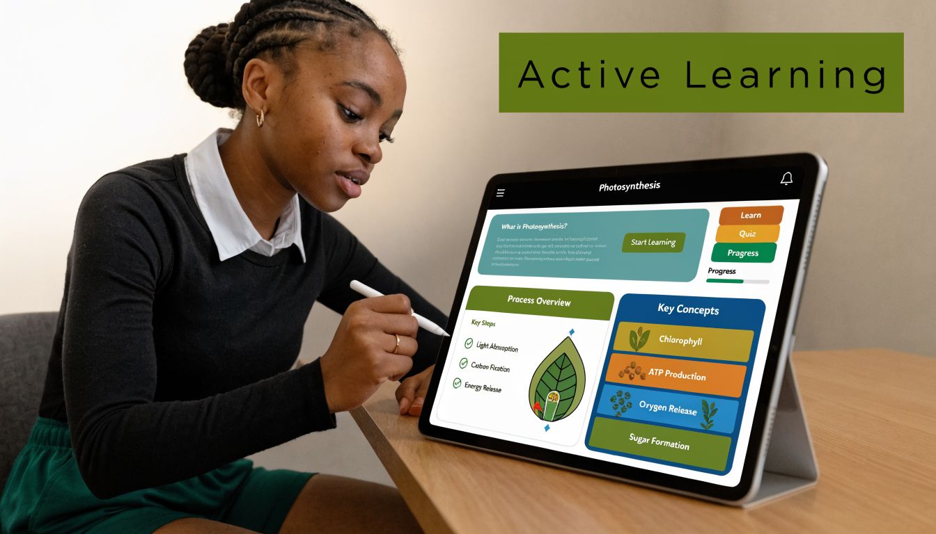A student using a digital tablet to study the biological process of photosynthesis in a learning environment.