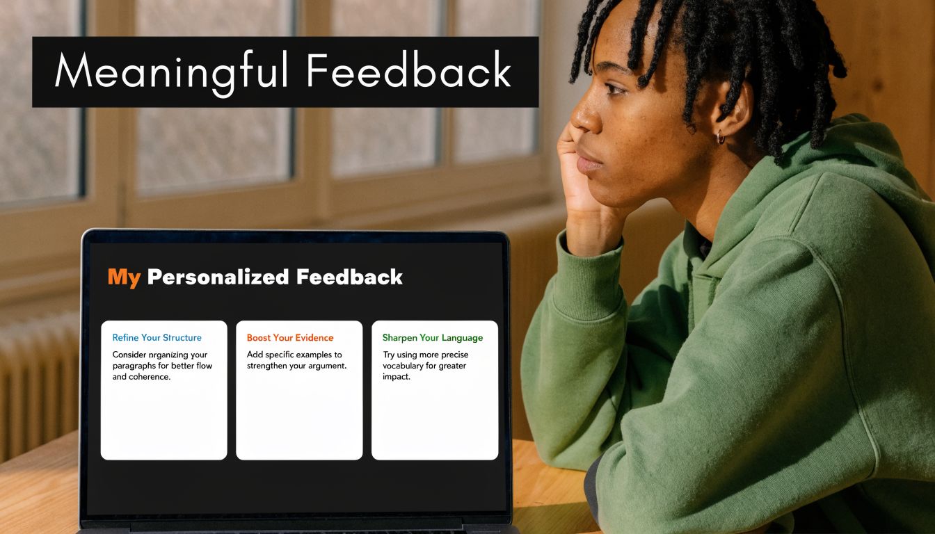 A student focused on a laptop screen displaying personalized writing feedback in a bright learning environment.