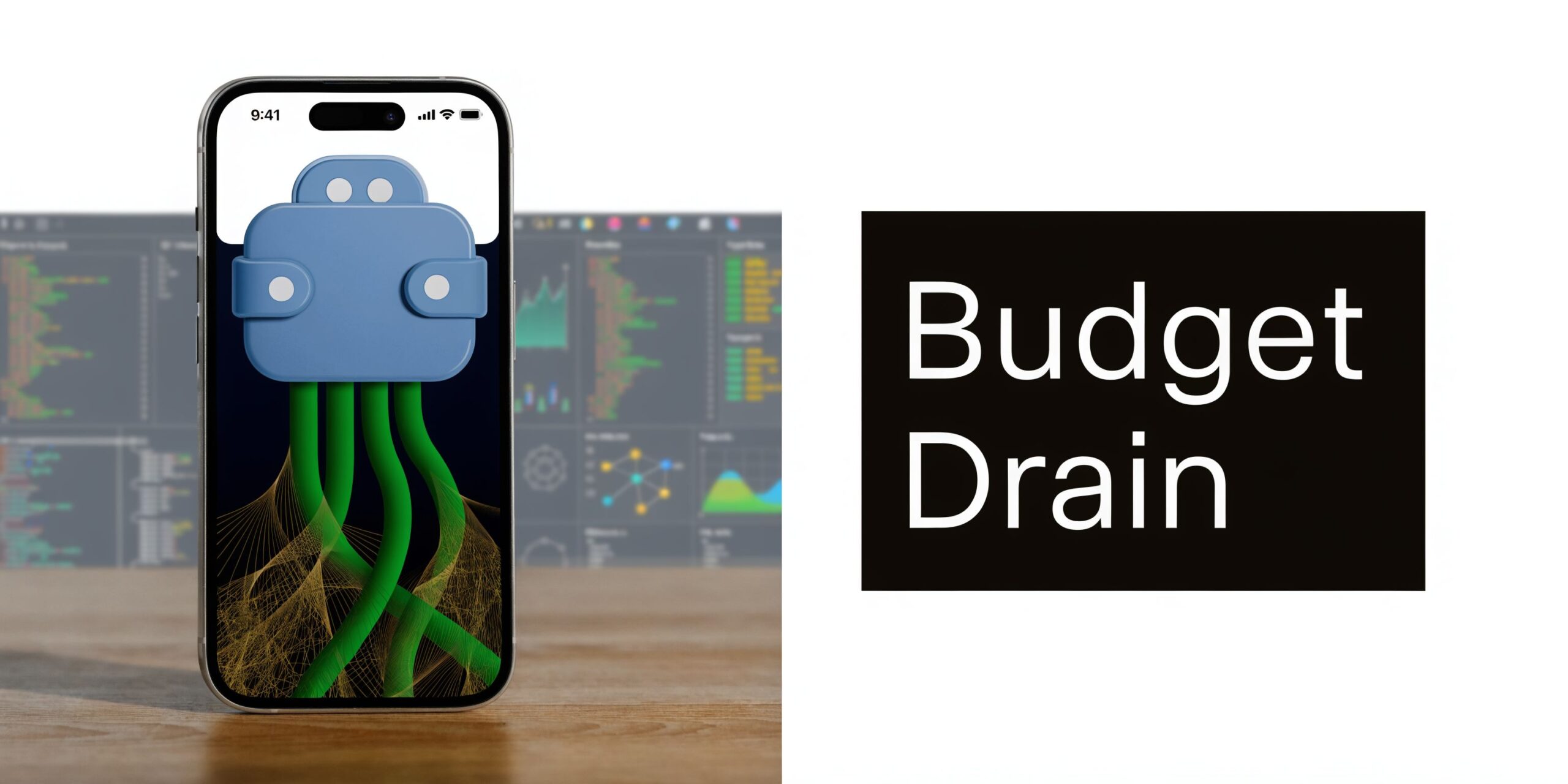 A smartphone on a wooden table displaying a digital icon of a drain pulling financial resources away.