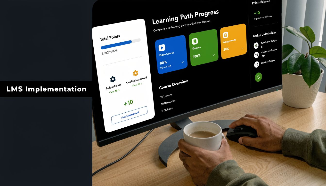 A person using a computer to view a gamified Learning Management System dashboard with progress bars and badges.