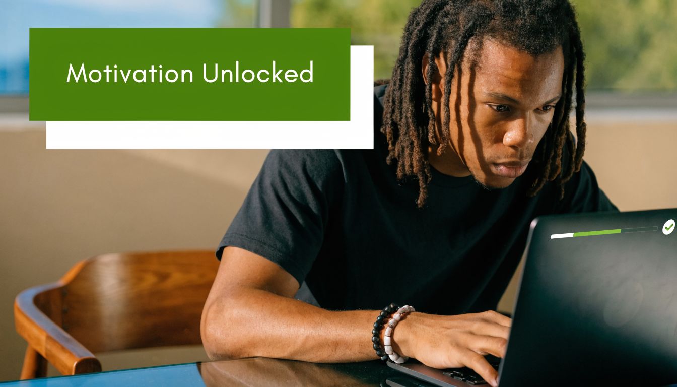 A young man with dreadlocks working on his laptop with a Motivation Unlocked graphic overlay.