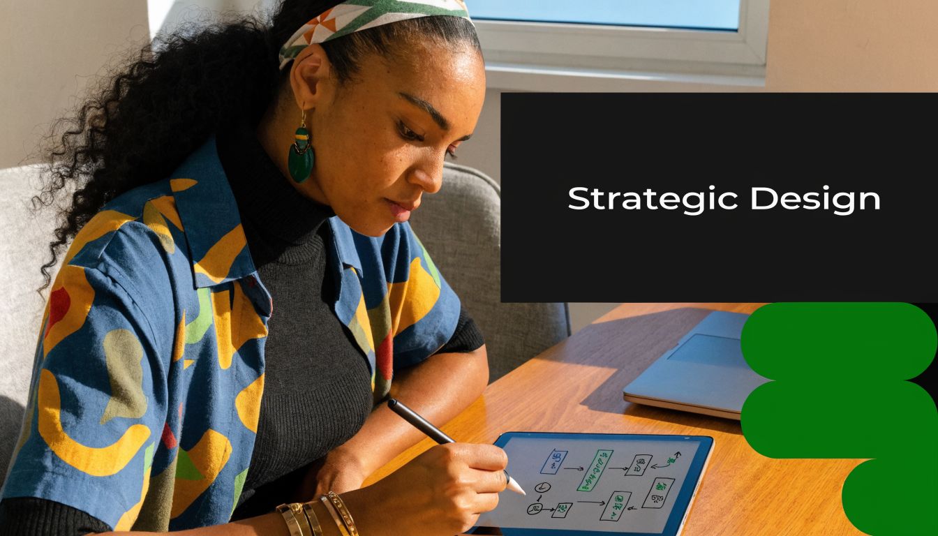 A woman sketching a workflow diagram on her tablet while working at a wooden desk.