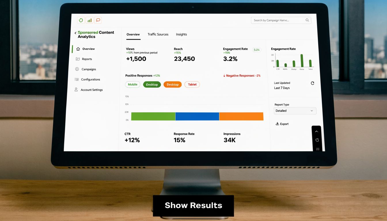 A digital dashboard showing sponsored content analytics with key performance metrics, charts, and data visualizations on a computer screen.