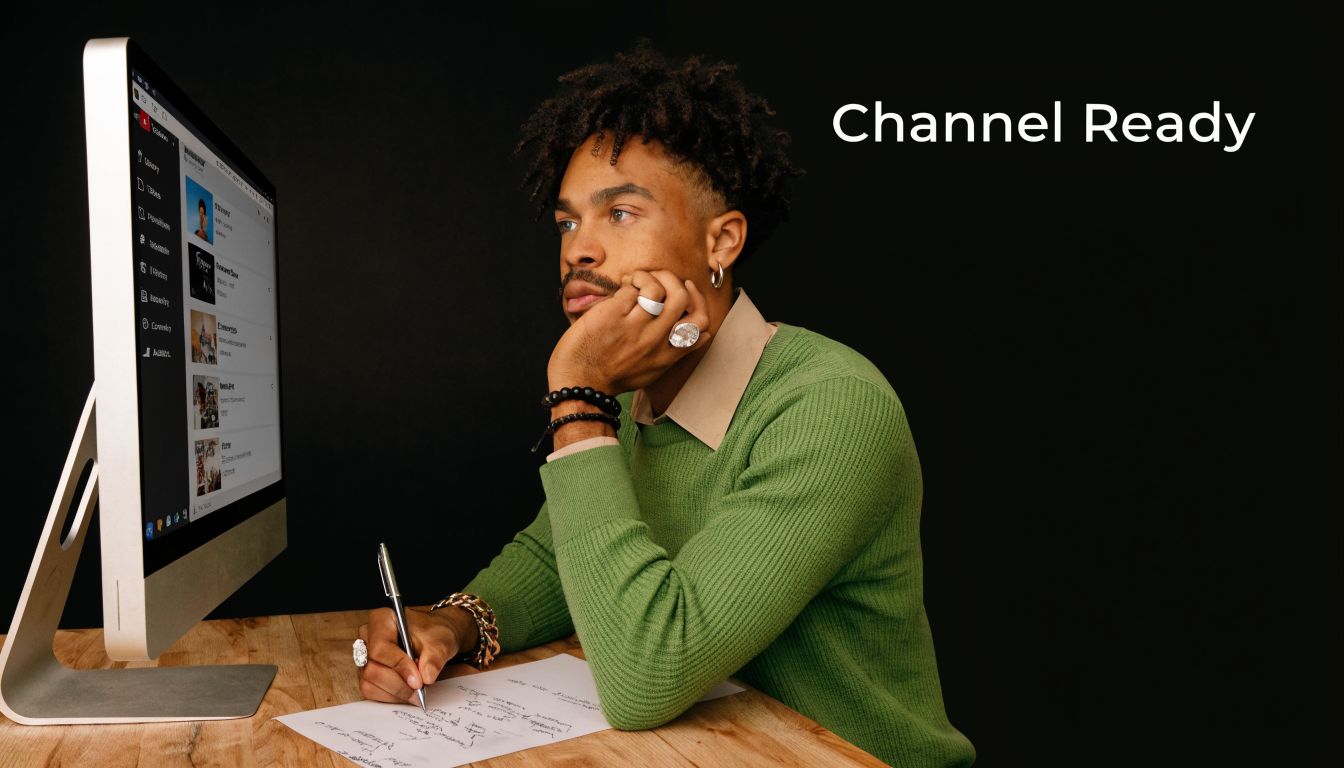 A young man wearing a green sweater contemplates while working at a computer in a dark studio.