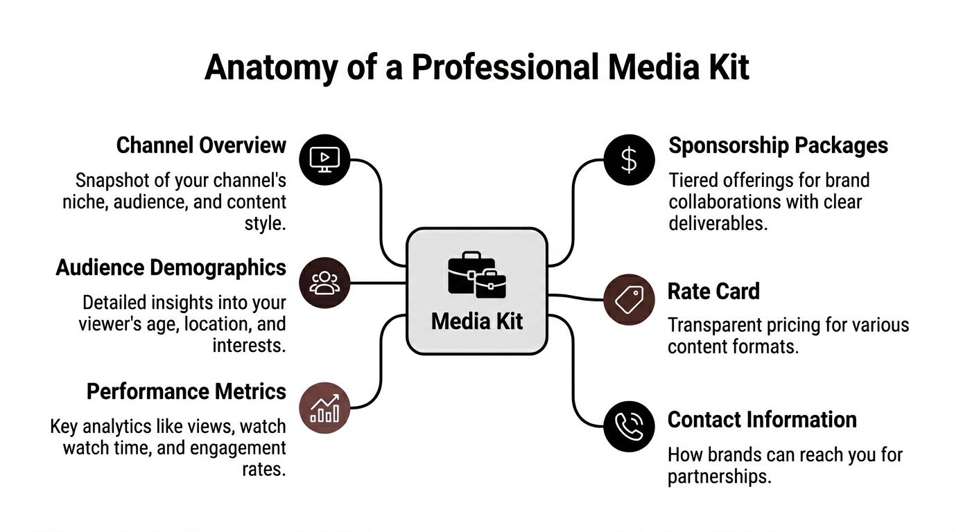 A professional infographic diagram outlining the essential components required for a successful YouTube media kit.