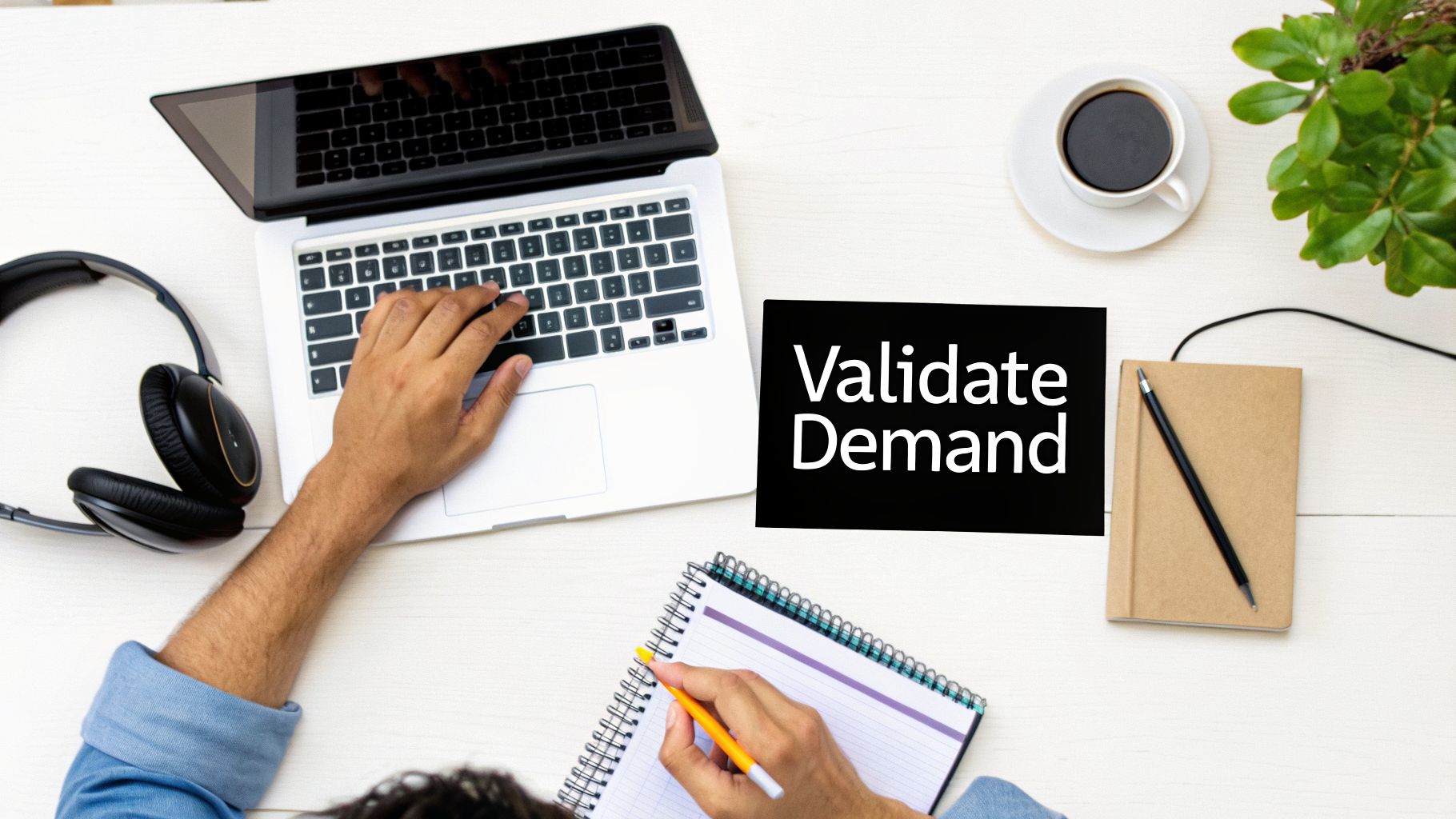 Overhead view of a person typing on a laptop and writing in a notebook with 'Validate Demand' sticky note.