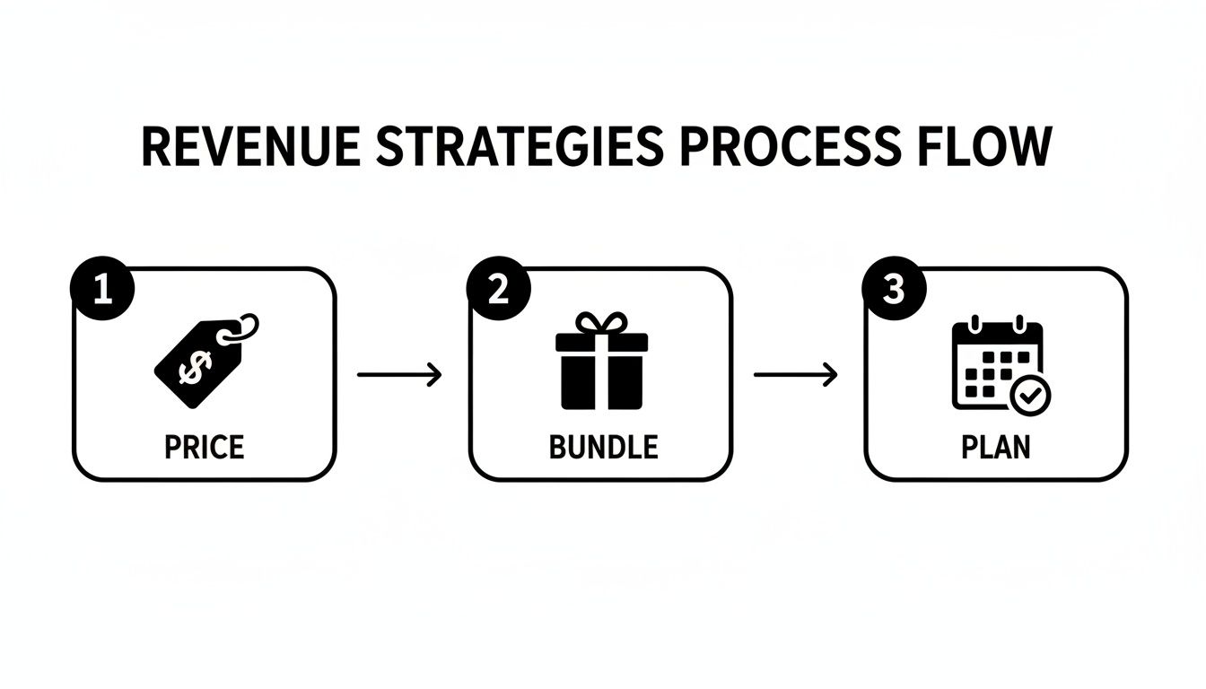 A process flow diagram titled 'Revenue Strategies Process Flow' showing steps: Price, Bundle, and Plan.