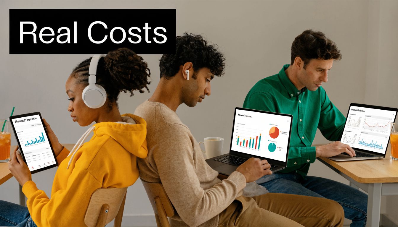 Three diverse individuals working on tablets and laptops displaying financial charts and data in a workspace.
