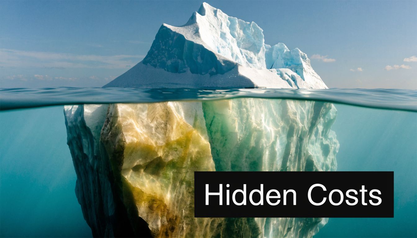 A large iceberg floating in the ocean with the text Hidden Costs overlaid on the image