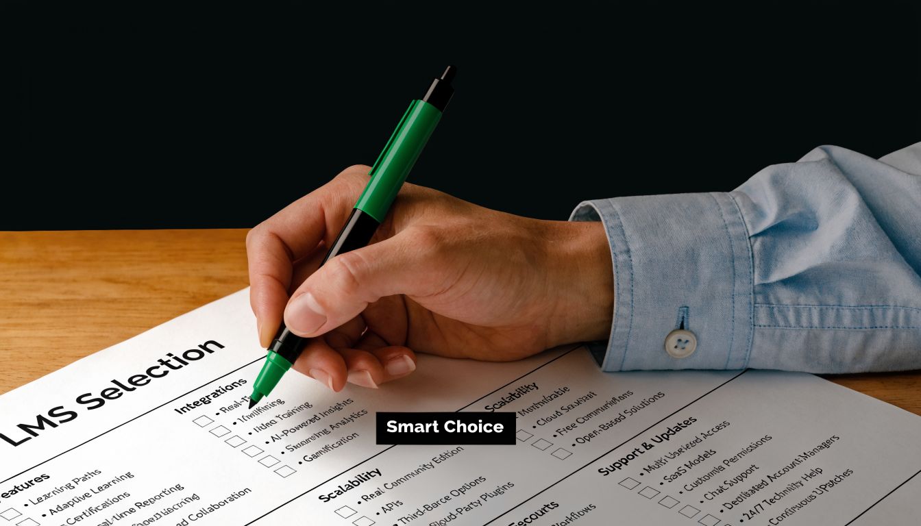 A professional checking features on a learning management system selection checklist with a green marker.