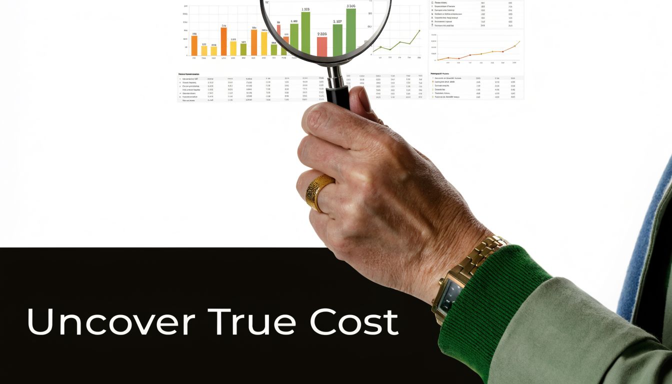 A magnifying glass focusing on business charts held by a person wearing a gold ring and watch.