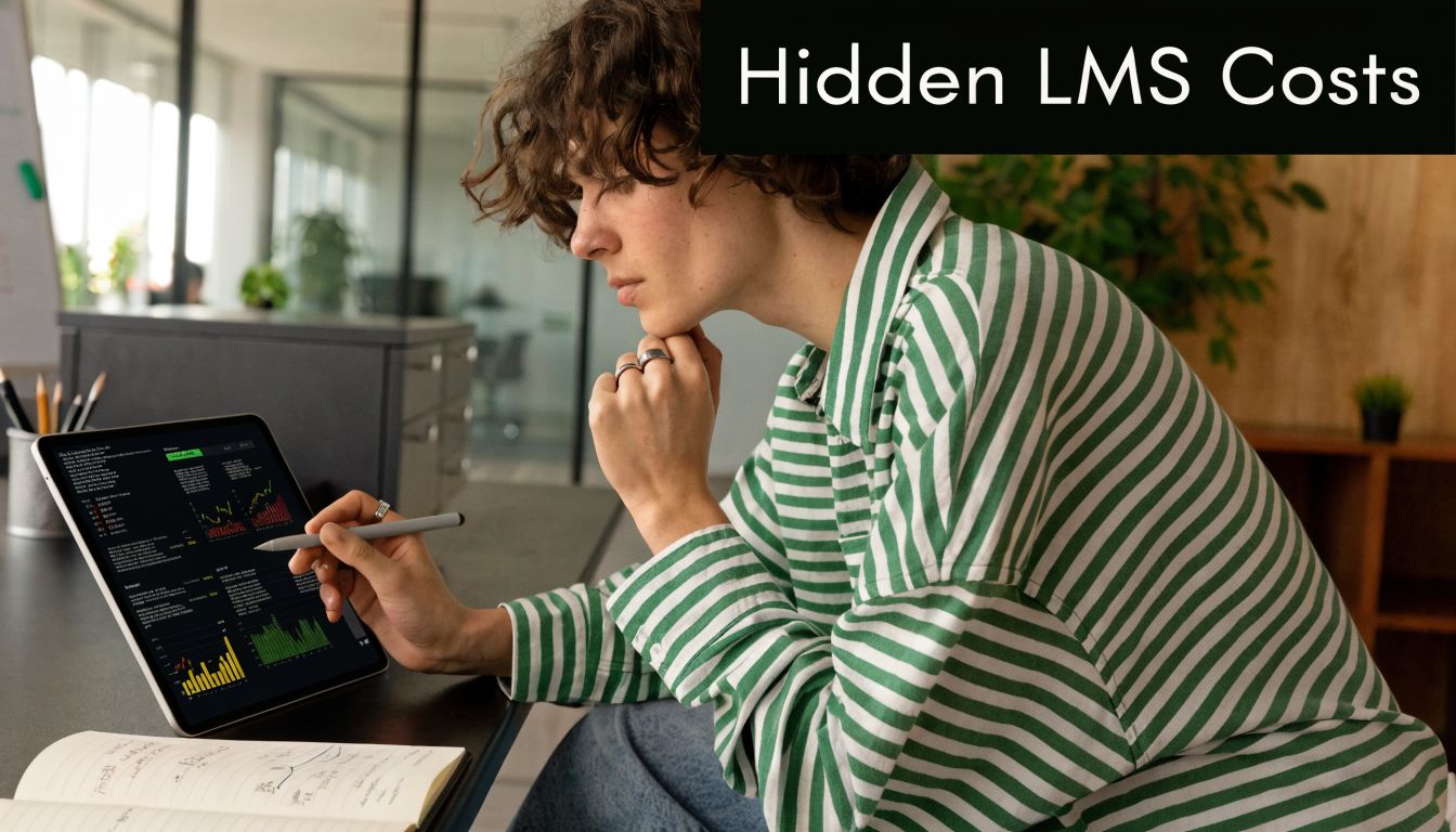 A person in a striped shirt sitting at a desk reviewing complex financial data on a tablet.