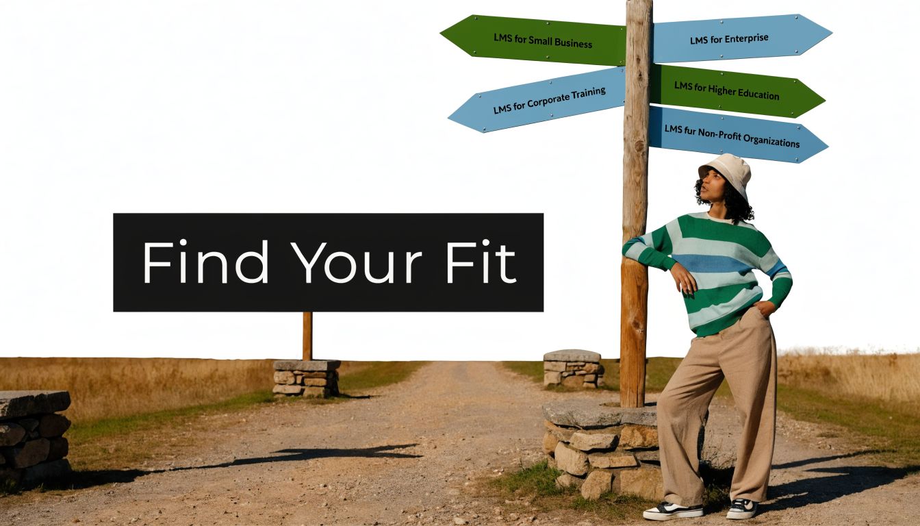 A woman stands beside a signpost offering options for learning management systems in a rural setting.