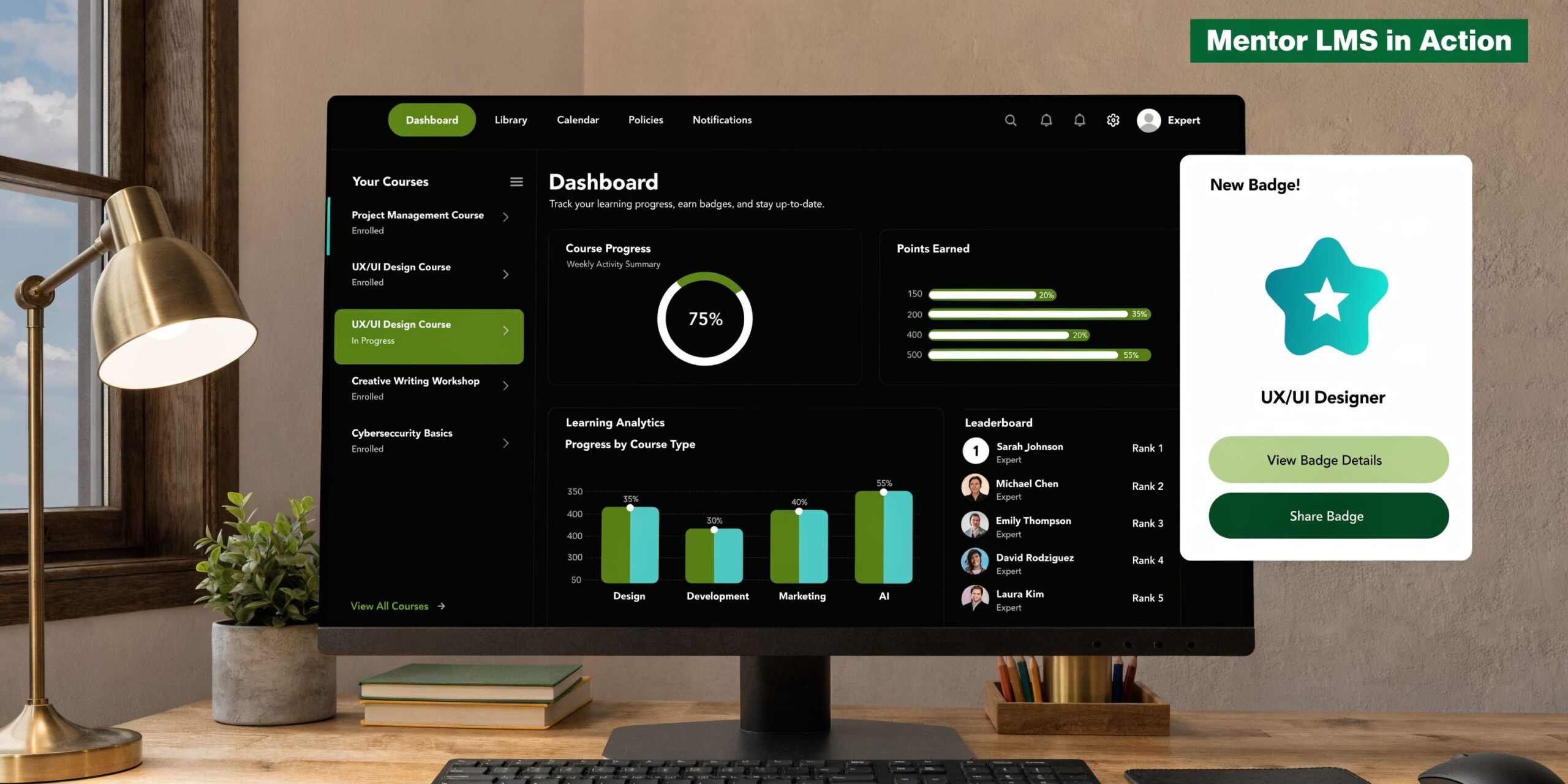 A modern computer screen displaying a learning management system dashboard with gamification features and a new badge notification.