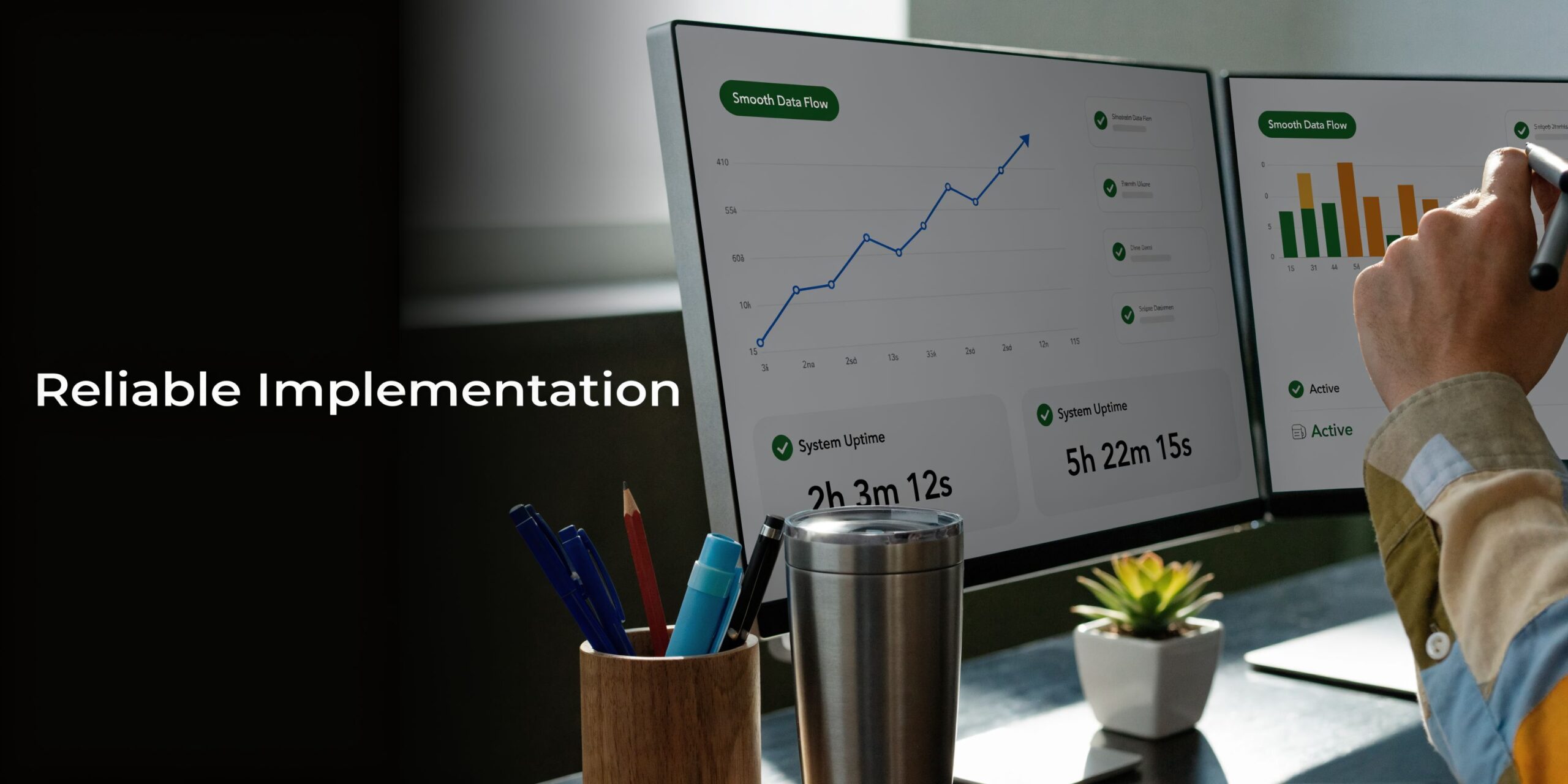 A professional desk setup featuring dual monitors displaying data dashboards and a person interacting with a screen.