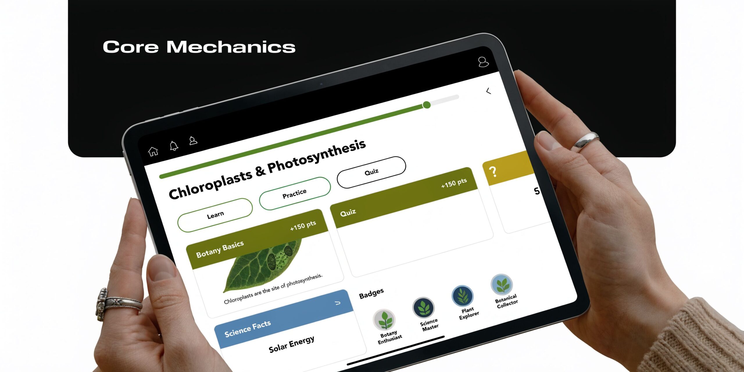 A person holding a tablet showing an educational app featuring botany lessons and gamified learning elements.