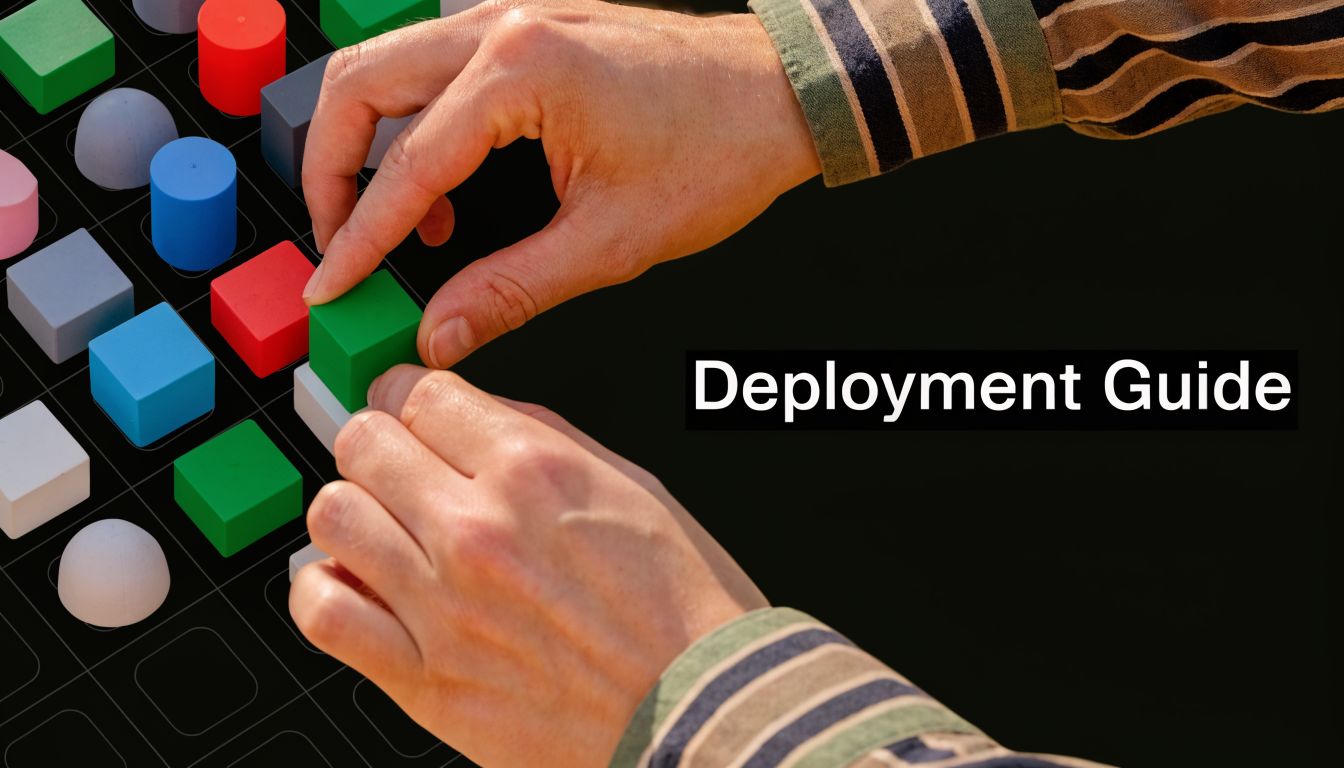 A person arranging colorful block pieces on a grid surface for a deployment guide presentation.