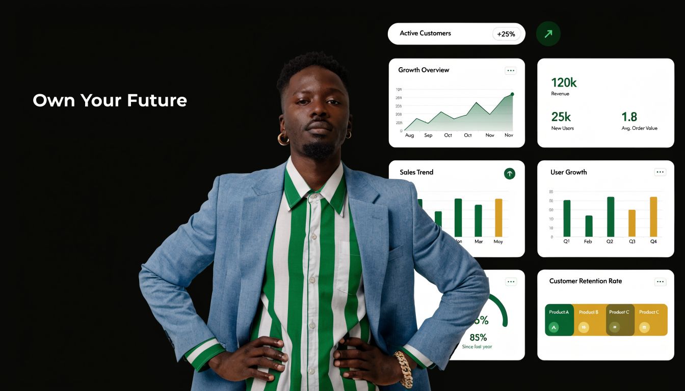 A confident man in a blue blazer stands before a digital dashboard showcasing business growth metrics.