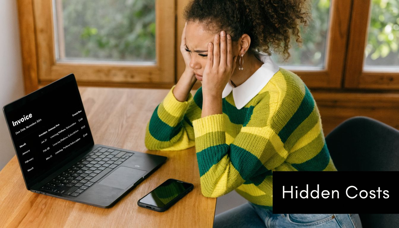 A stressed woman looking at an invoice on her laptop screen while sitting at a wooden desk.